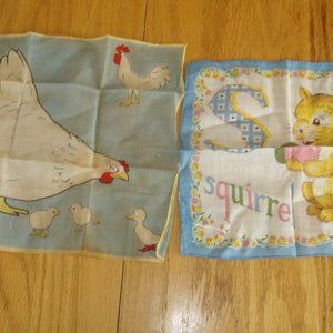 4 Vintage childs childrens handkerchiefs hankies cat kittens chicken squirrel